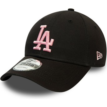 Boné curvo preto ajustável com logo rosa 9FORTY League Essential da Los Angeles Dodgers MLB da New Era